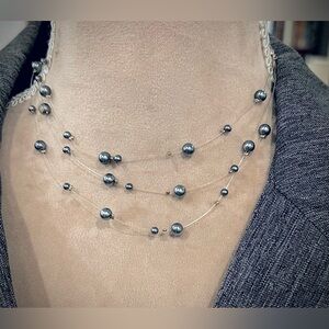 Illusion Triple Strand Floating Black Pearl Elegant Choker Necklace Signed Icing